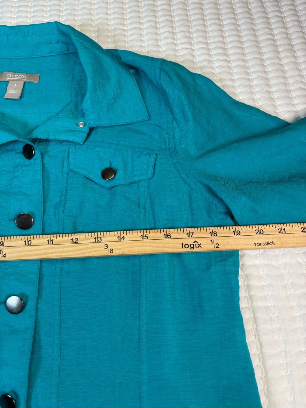 Chico's Size 1 M Turquoise Teal Lightweight Snap Front Shirt Jacket 3/4 Sleeve - Picture 5 of 6